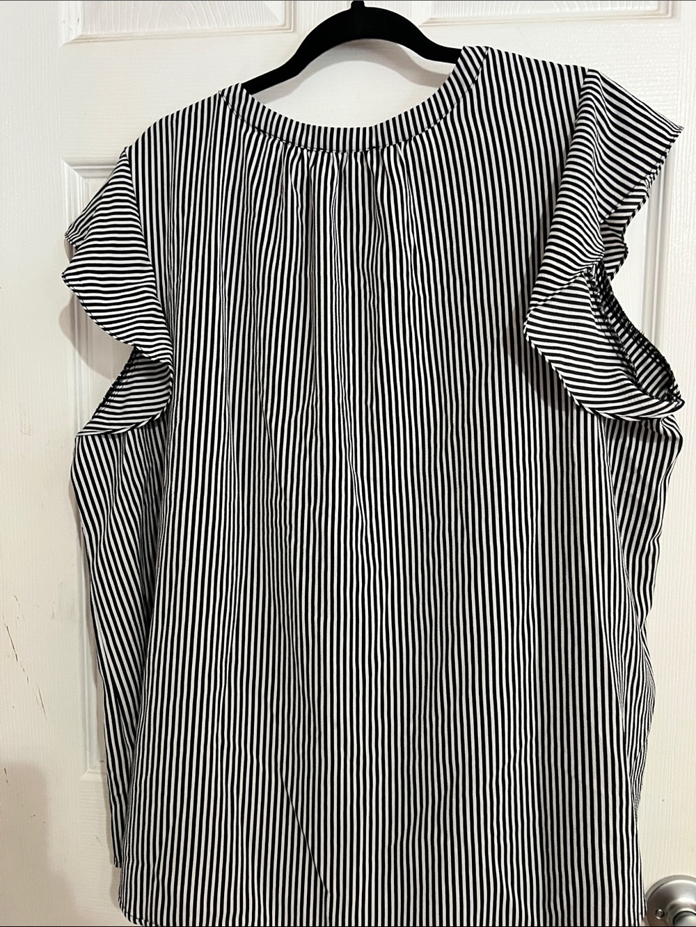 Adrianna Papell Black and White Striped Cap-Sleeve V-Neck Blouse - Picture 4 of 5